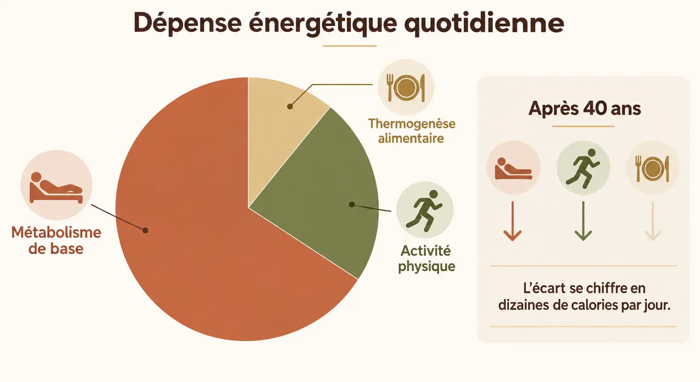 Infographie décomposant la dépense énergétique quotidienne en métabolisme de base, activité physique et thermogenèse alimentaire