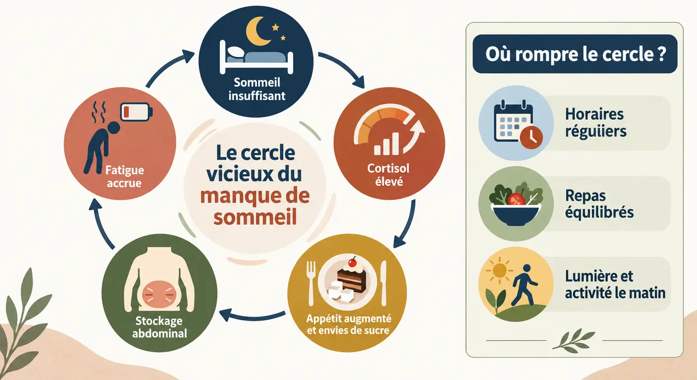 Infographie du cercle reliant manque de sommeil, cortisol, fringales et stockage abdominal