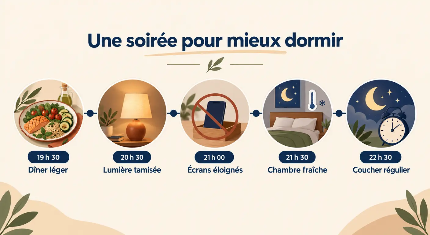 Infographie des cinq réglages de soirée pour améliorer le sommeil