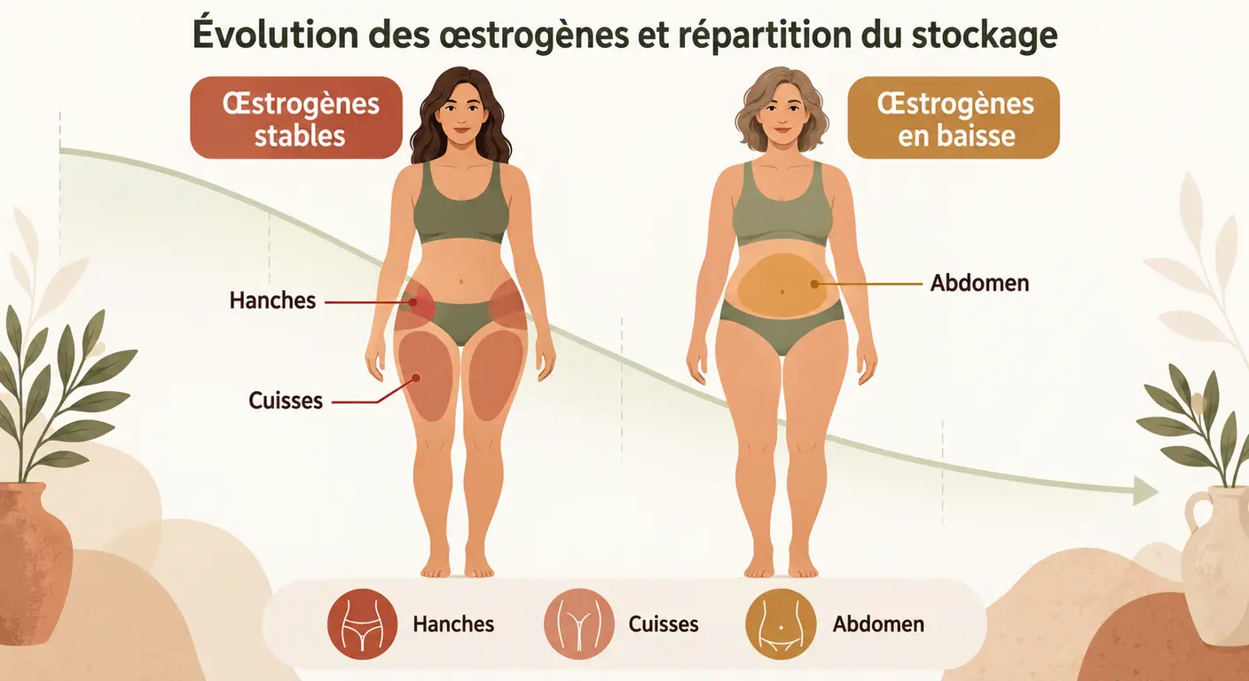 Infographie comparant la répartition des graisses avant et pendant la baisse des œstrogènes