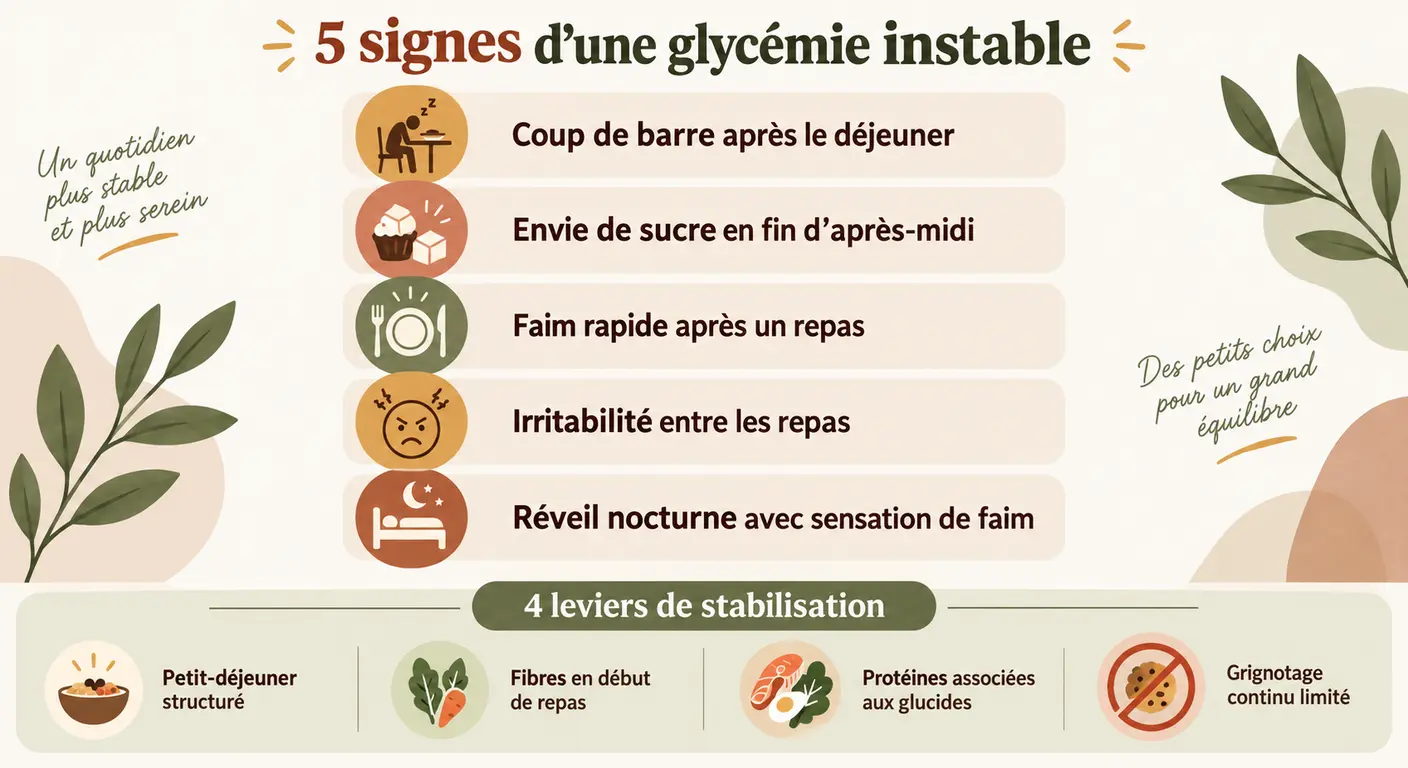 Infographie listant les cinq signaux d'une glycémie instable et les leviers de stabilisation associés
