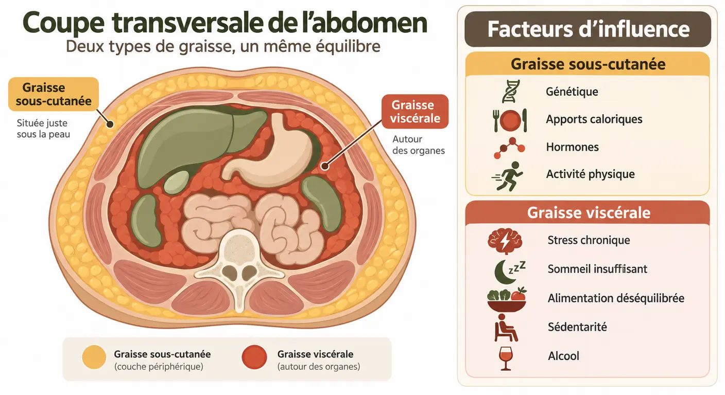 Infographie schématique distinguant graisse sous-cutanée et graisse viscérale abdominale