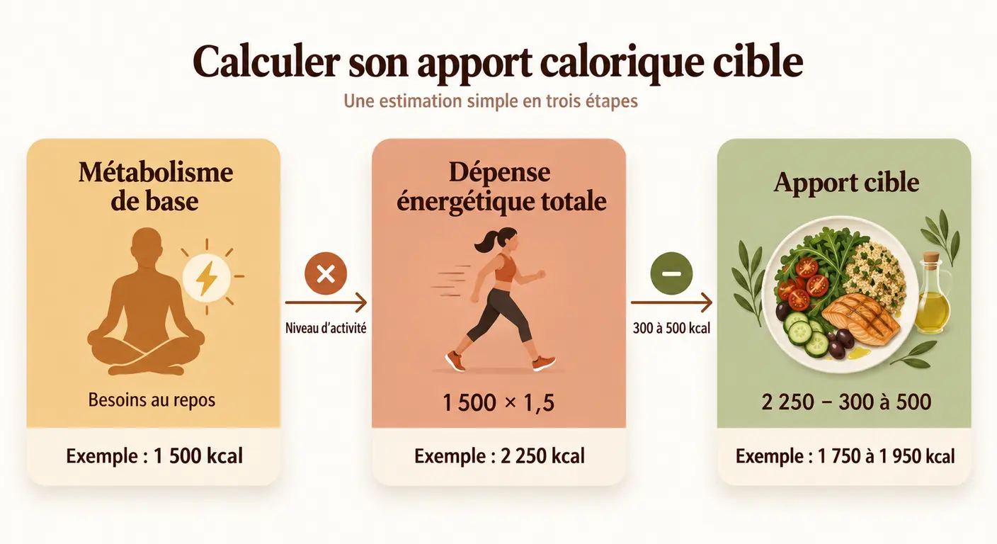 Infographie expliquant le calcul du déficit calorique en deux étapes avec exemple chiffré