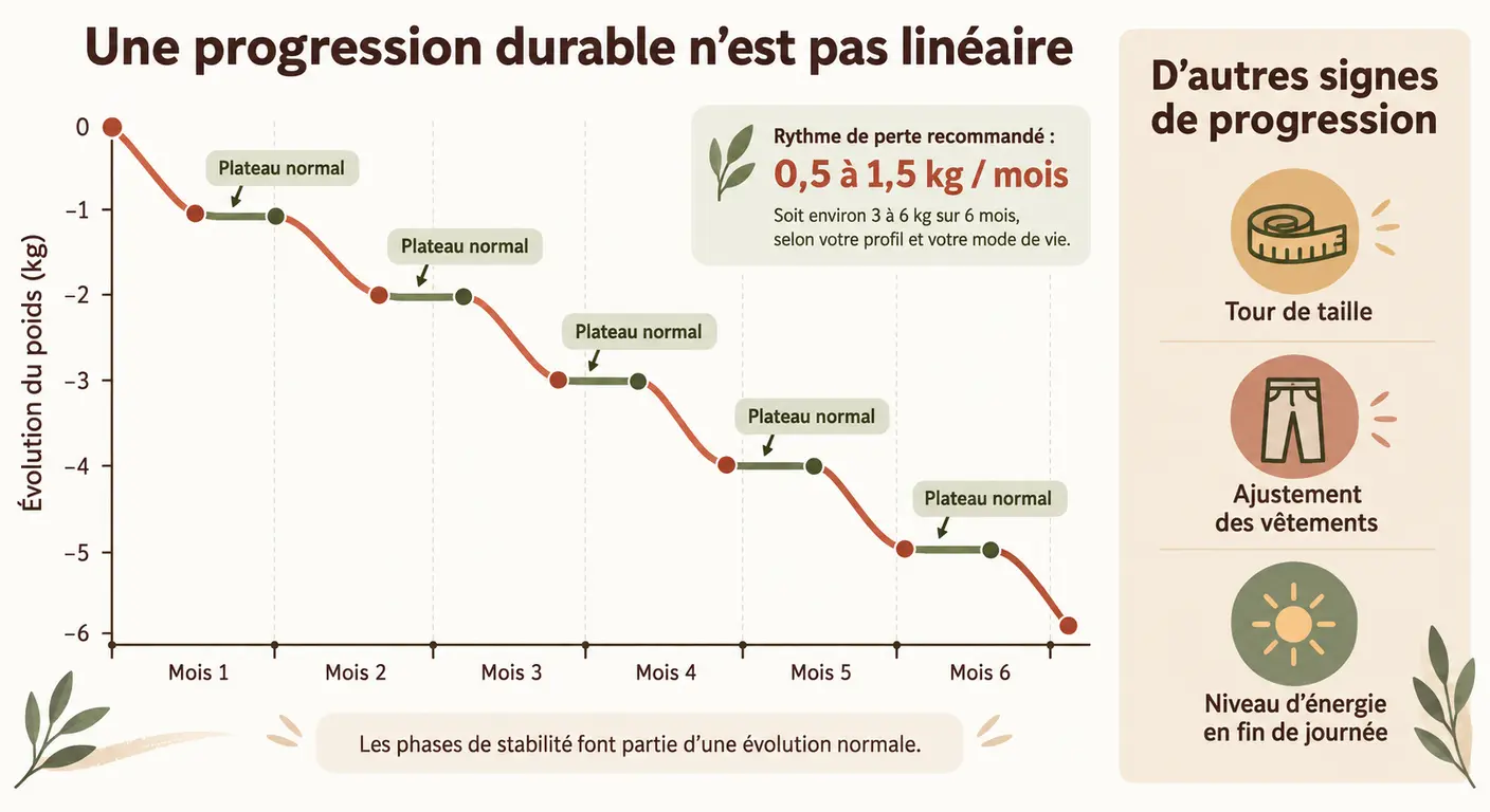 Infographie montrant une courbe de perte de poids en escalier sur six mois avec les paliers normaux et trois indicateurs de progression