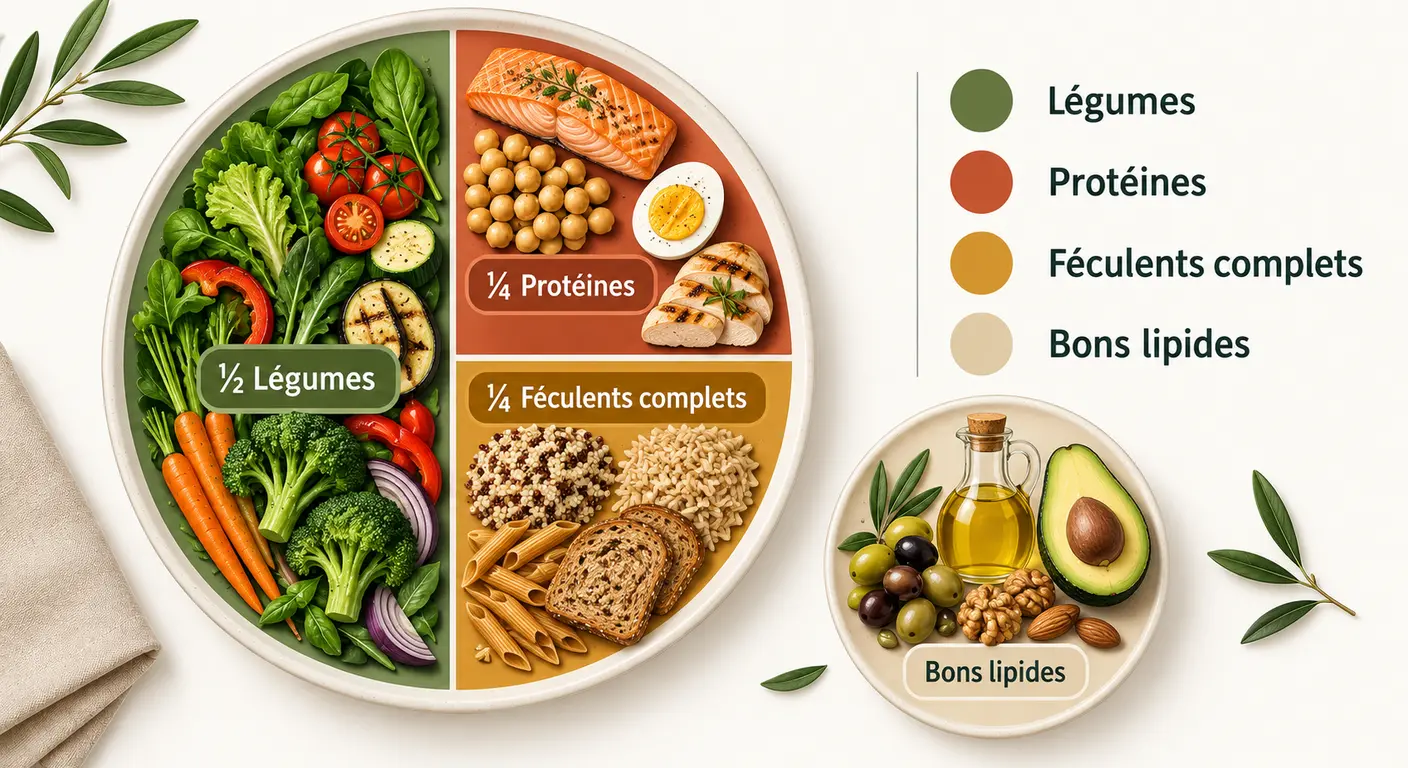 Infographie de l'assiette type équilibrée pour une femme de 40 ans