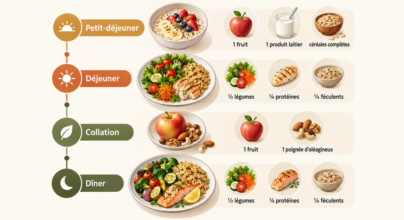 Infographie présentant une journée alimentaire type en quatre repas