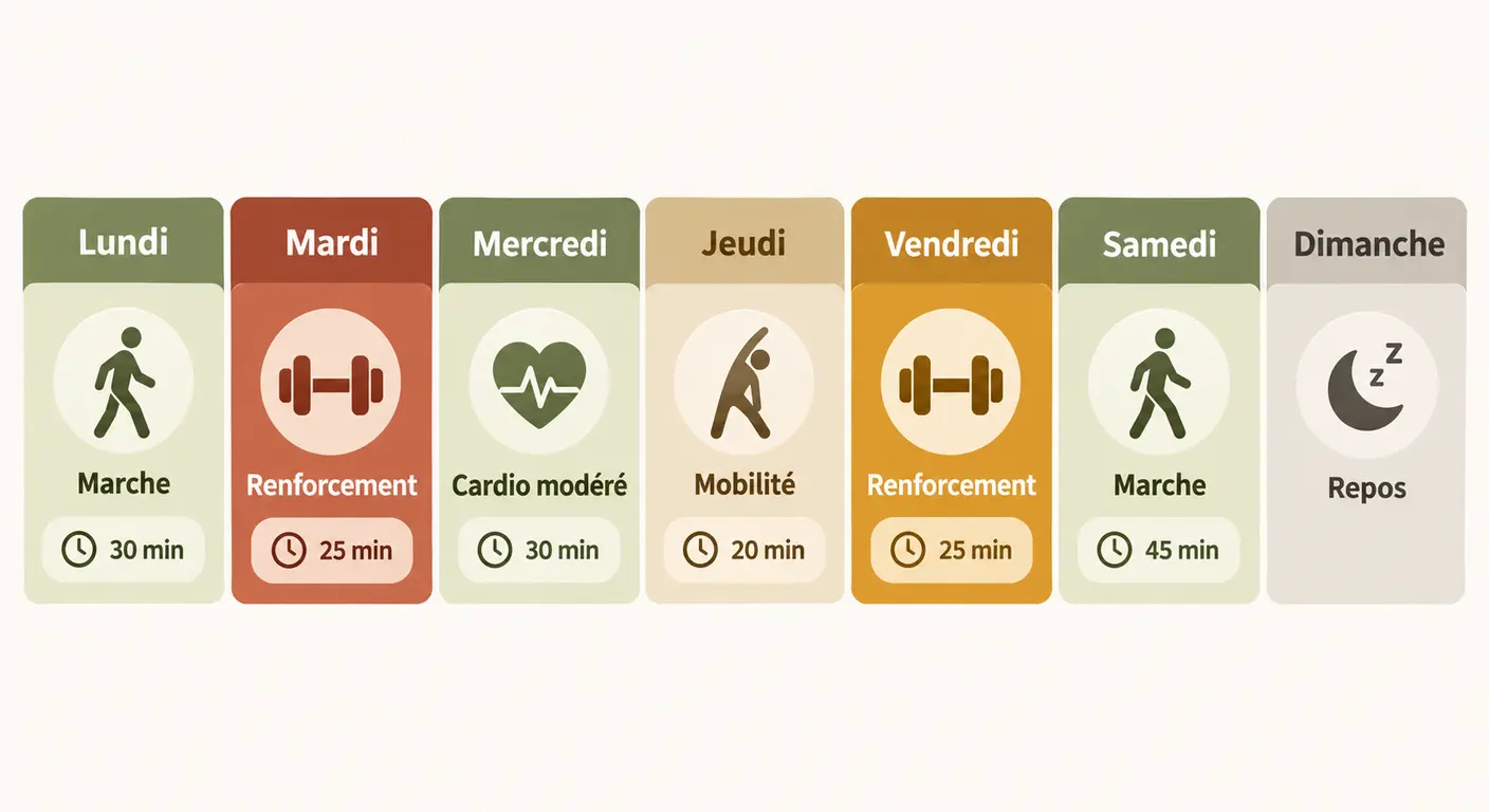 Infographie d'une semaine type d'activité physique après 40 ans