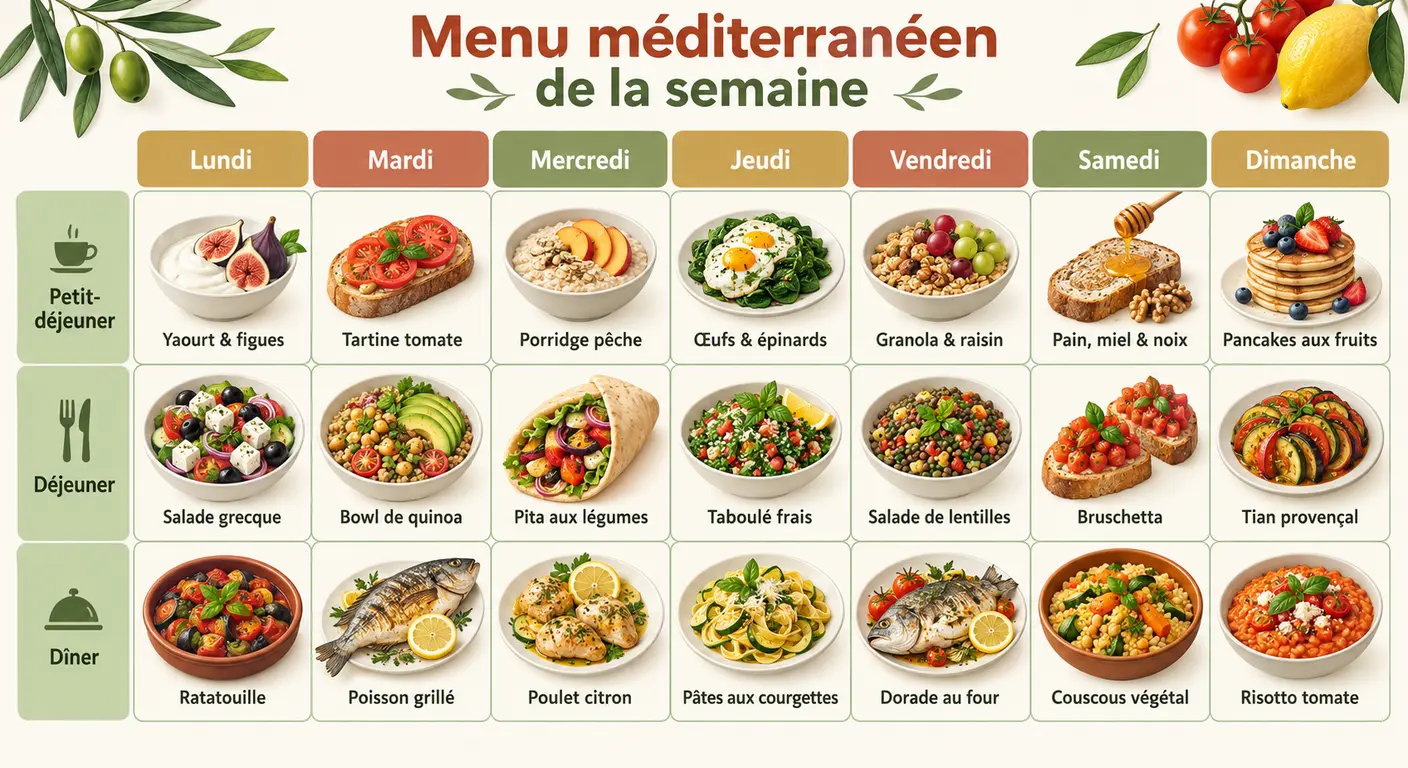 Vue d'ensemble d'une semaine de menus minceur pour femme ménopausée