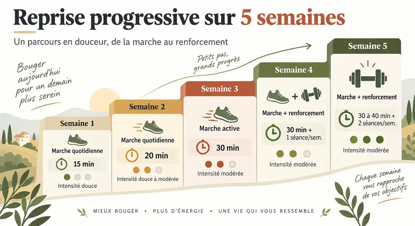 Plan de reprise progressive de l'activité physique en cinq semaines après 50 ans