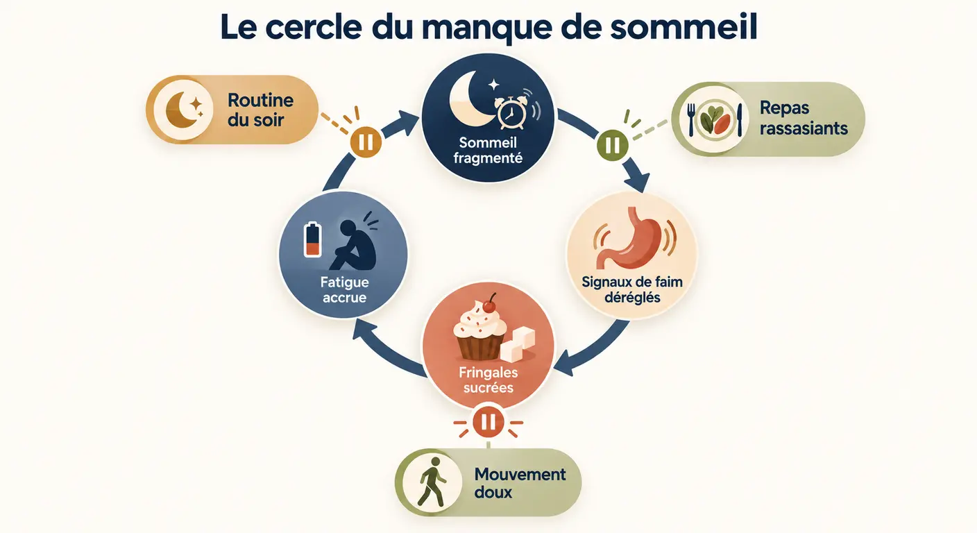 Cercle reliant sommeil fragmenté, cortisol et fringales pendant la ménopause