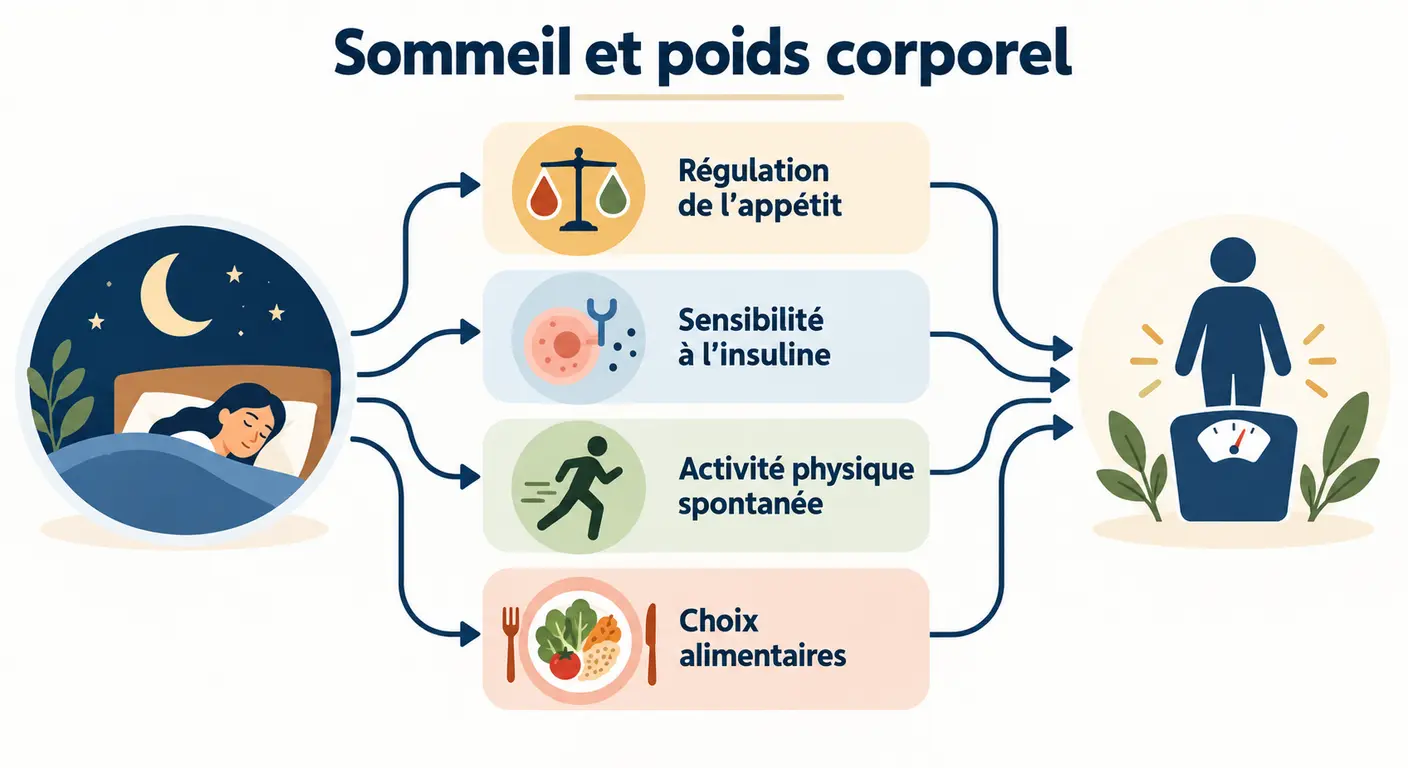 Infographie des quatre canaux reliant le sommeil au poids corporel
