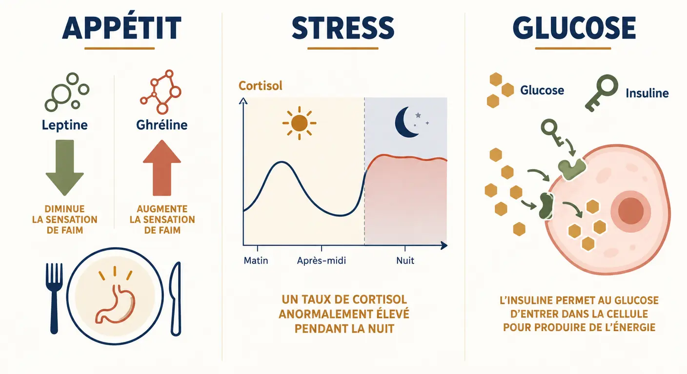 Infographie des trois axes hormonaux perturbés par le manque de sommeil