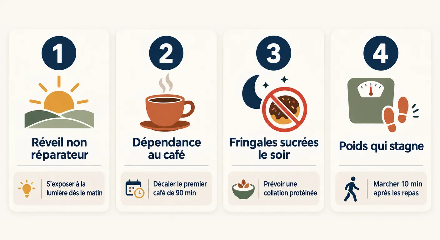 Infographie des quatre signaux indiquant que le sommeil freine la perte de poids