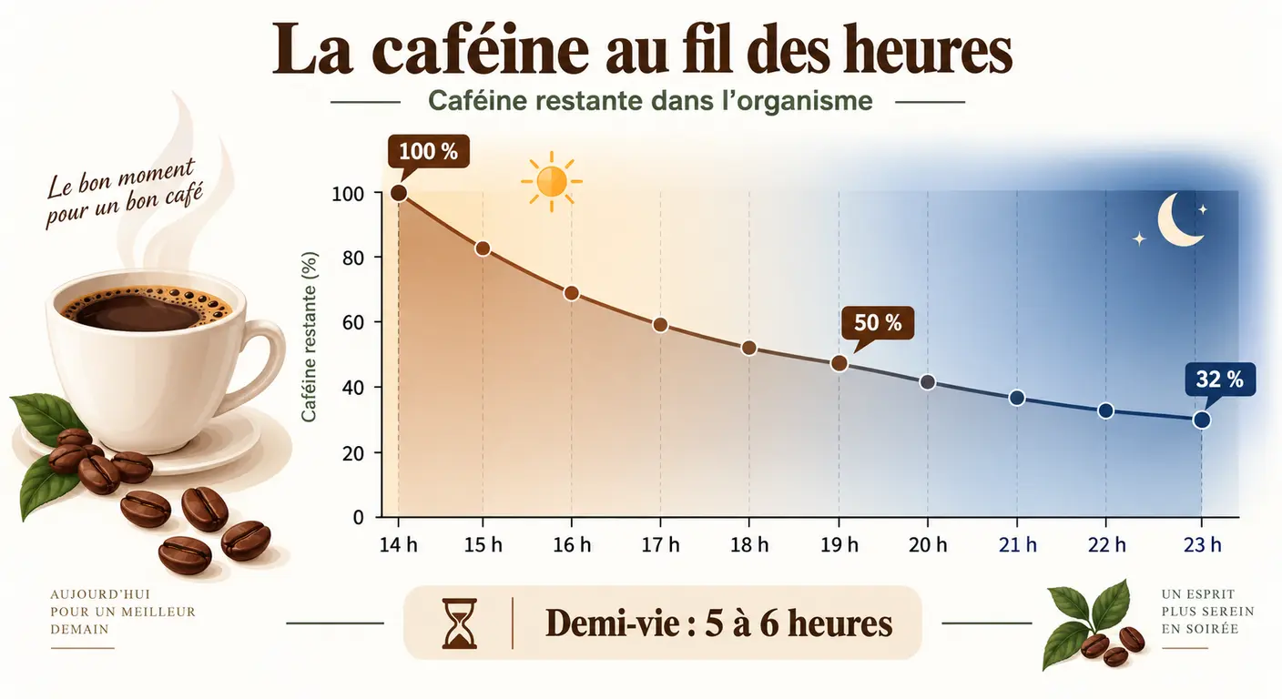 Infographie de l'élimination de la caféine jusqu'à l'heure du coucher