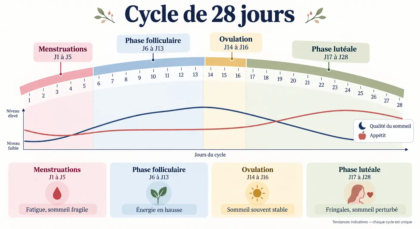 Infographie de l'évolution du sommeil et de l'appétit au fil du cycle menstruel
