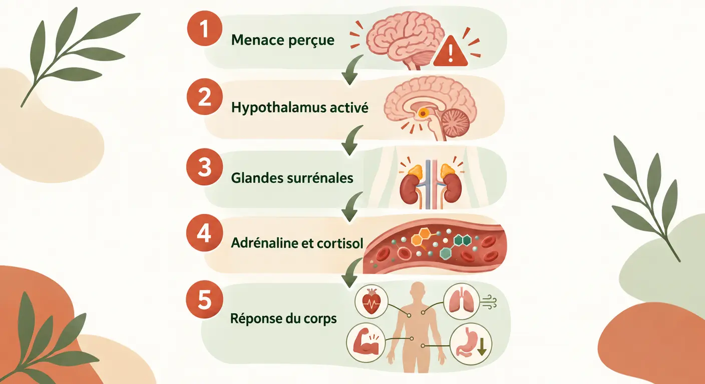 Schéma de la cascade hormonale déclenchée par le stress, du cerveau aux glandes surrénales