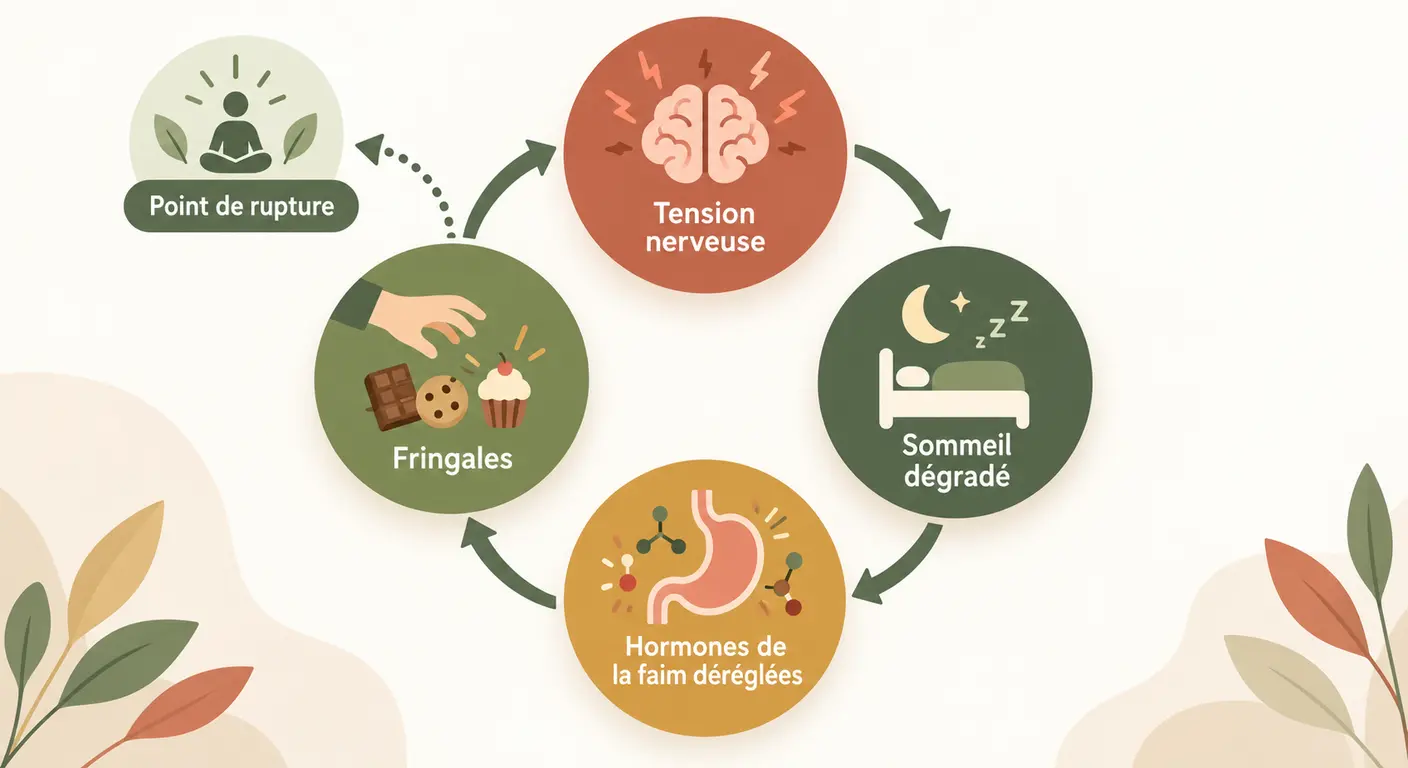 Infographie du cercle reliant sommeil, tension nerveuse et fringales