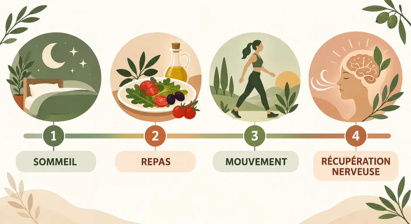 Infographie de la progression sur quatre semaines, un levier installé par semaine
