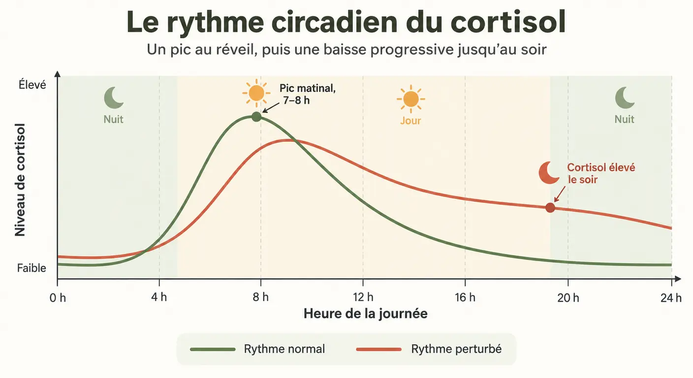 Courbe du rythme circadien du cortisol comparée à un profil perturbé