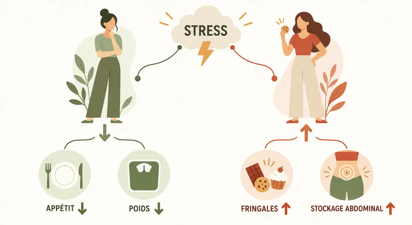 Illustration des deux réactions opposées au stress sur le poids