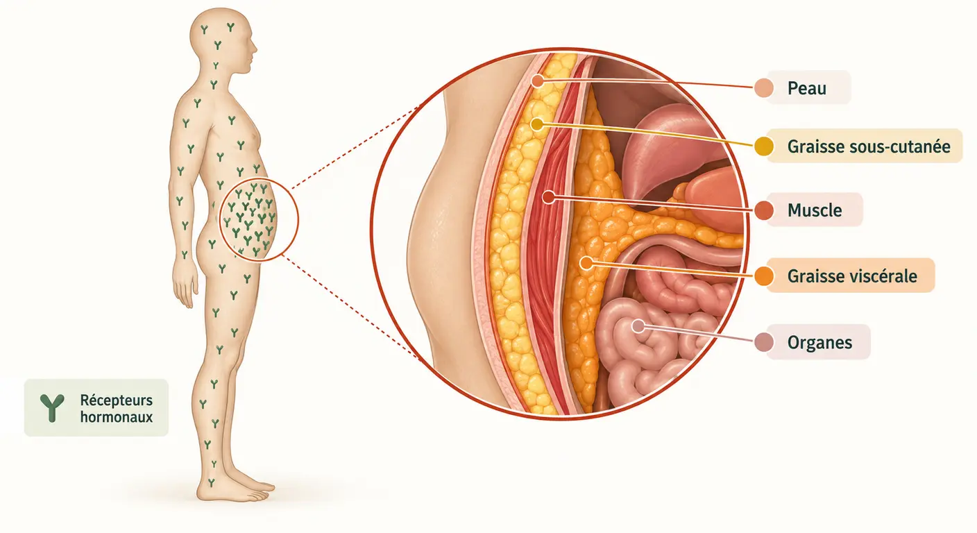 Schéma expliquant pourquoi la graisse se stocke en priorité dans la zone abdominale sous stress