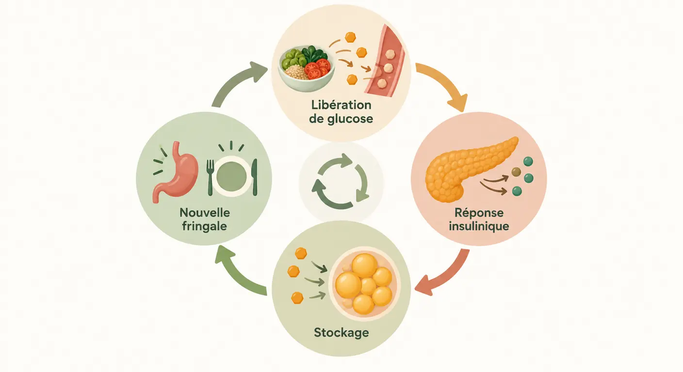 Infographie du cercle reliant glycémie, insuline et stockage des graisses