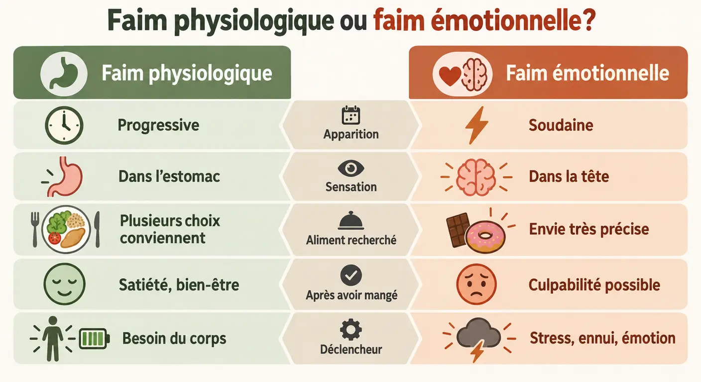 Comparaison visuelle entre faim physiologique et faim émotionnelle