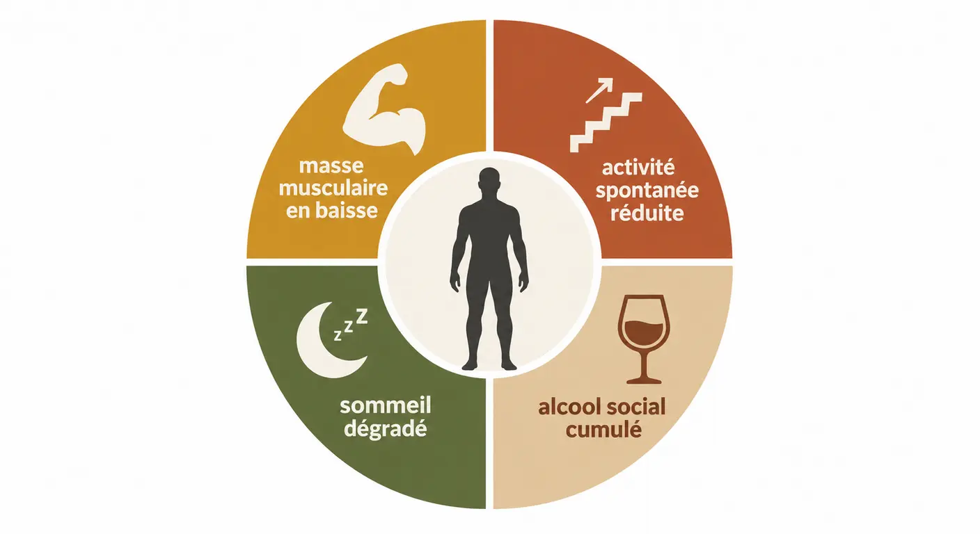 Schéma circulaire des quatre mécanismes de la prise de poids chez l'homme après 40 ans