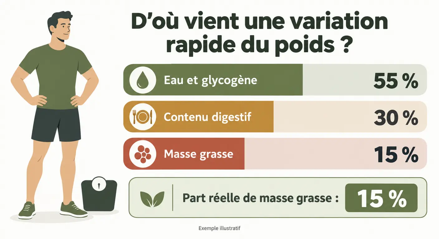 Répartition réelle d'une perte de 3 kg en une semaine chez un homme entre eau, contenu digestif et masse grasse