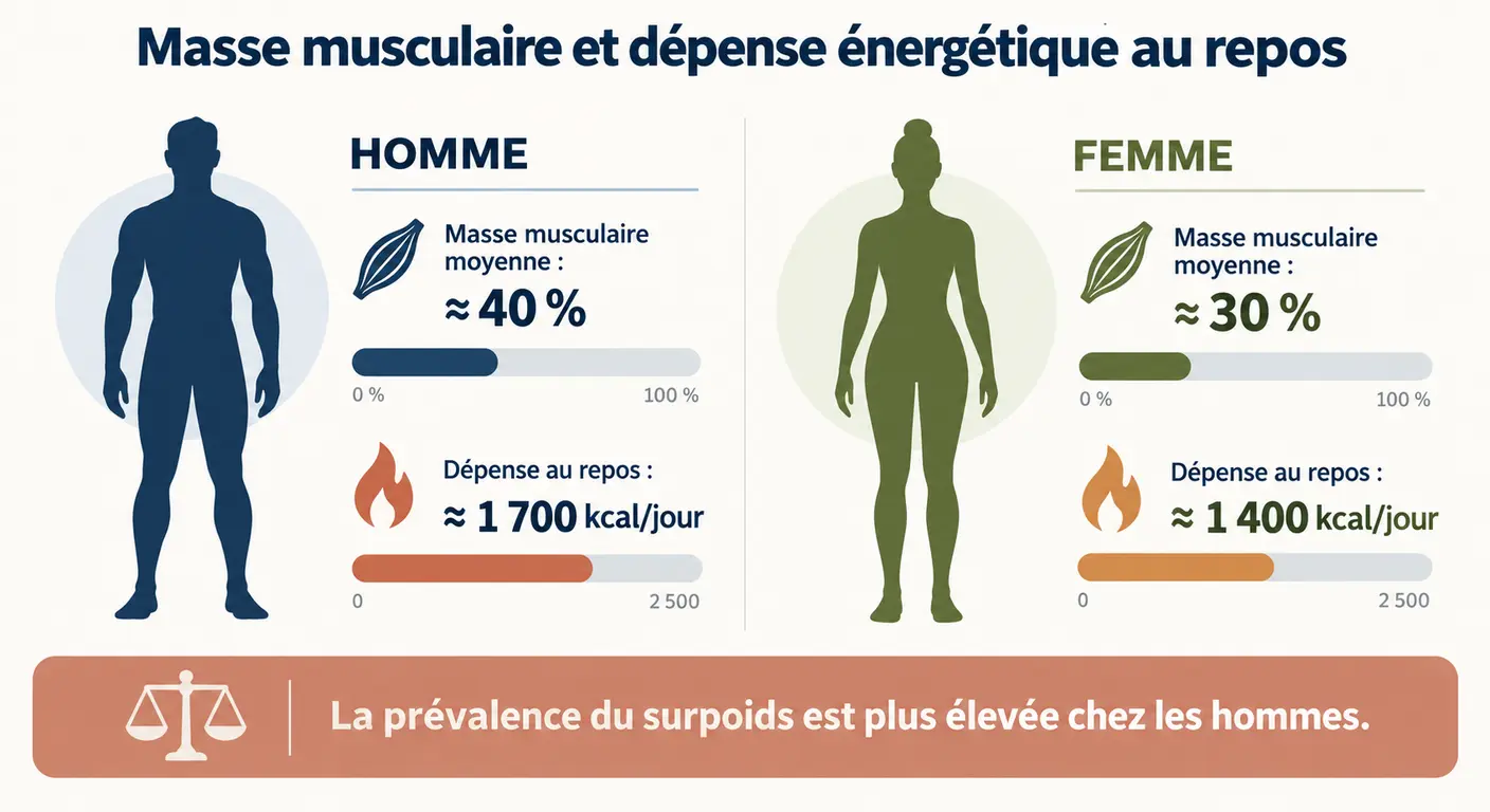 Comparaison de la masse musculaire moyenne et de la dépense énergétique au repos entre hommes et femmes