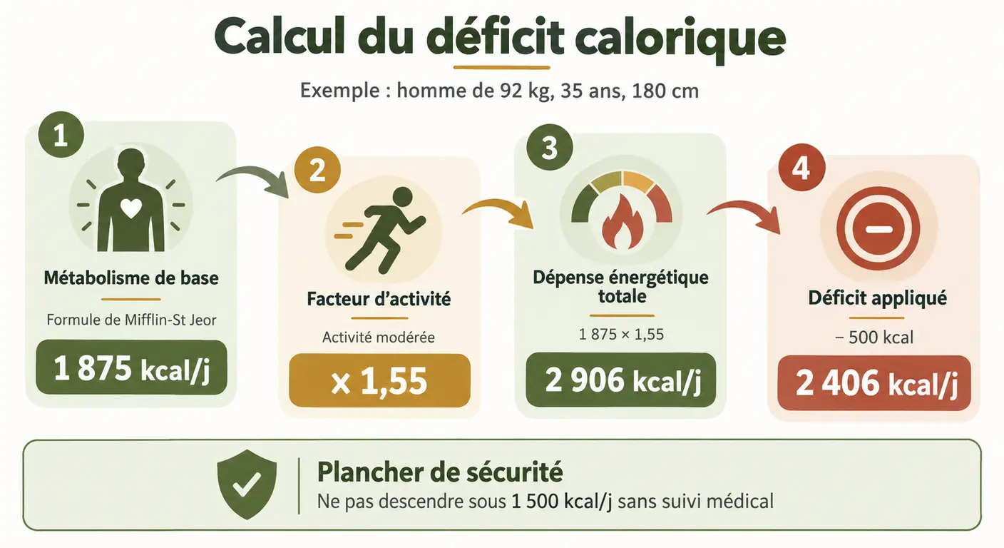 Les quatre étapes du calcul du déficit calorique quotidien pour un homme de 92 kg