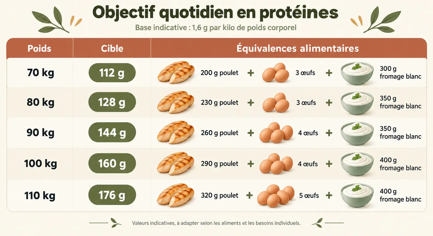 Table de la cible protéique quotidienne d'un homme en perte de poids selon son poids corporel