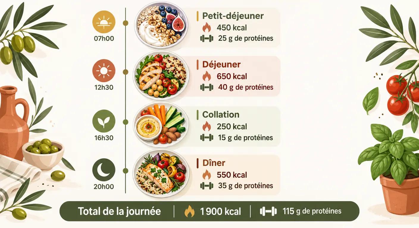 Répartition d'une journée alimentaire à 2 000 kcal en quatre repas pour un homme en perte de poids