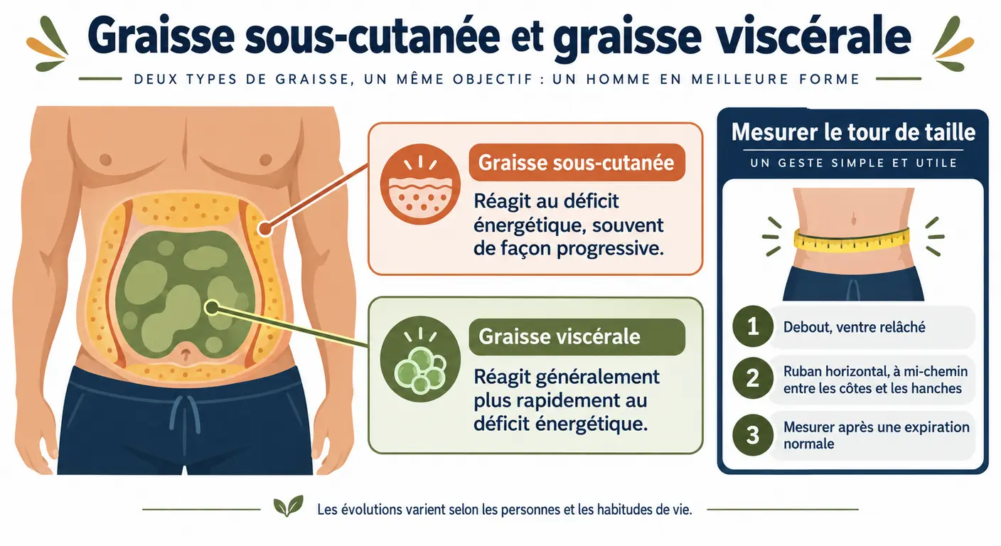 Schéma distinguant graisse viscérale et graisse sous-cutanée chez l'homme et leur réactivité au déficit énergétique