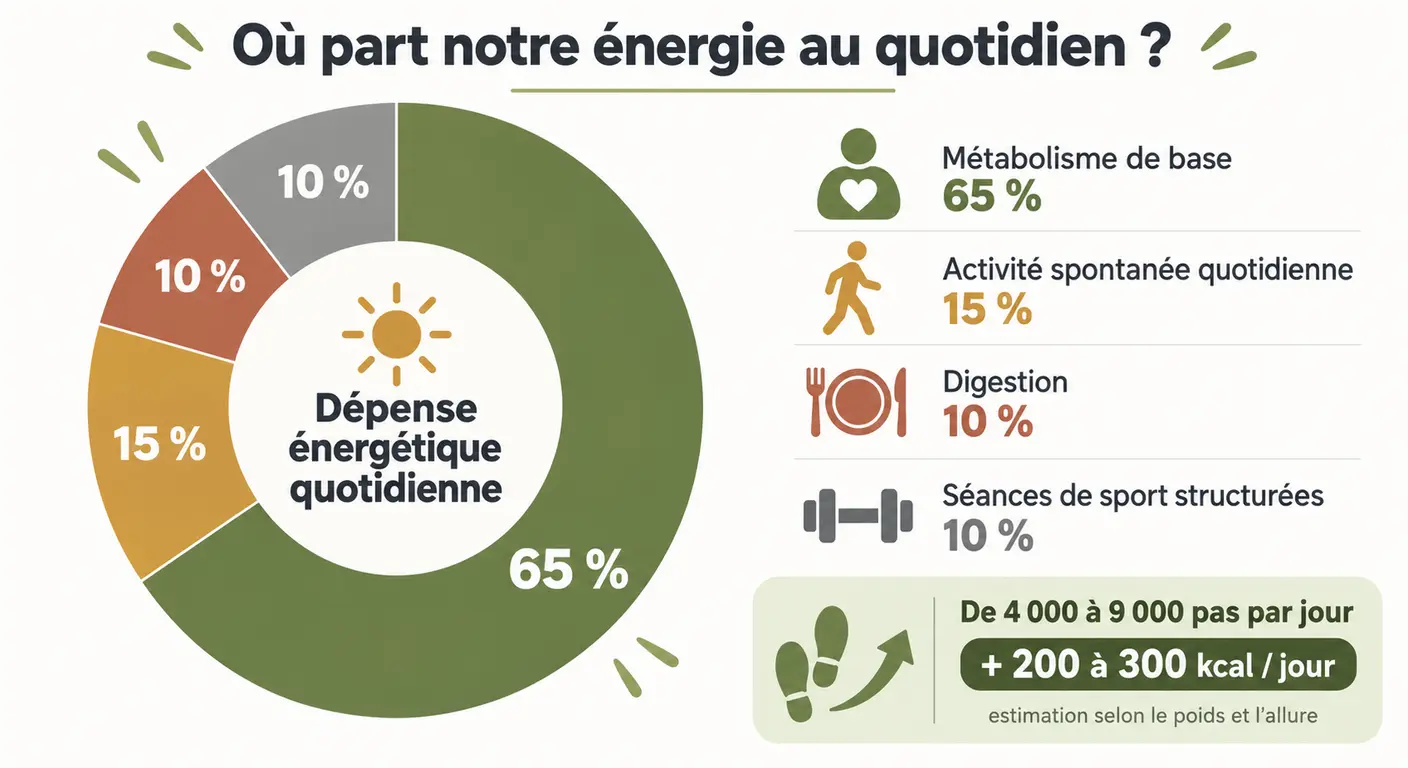 Répartition de la dépense énergétique quotidienne d'un homme entre métabolisme de base, activité spontanée, digestion et sport