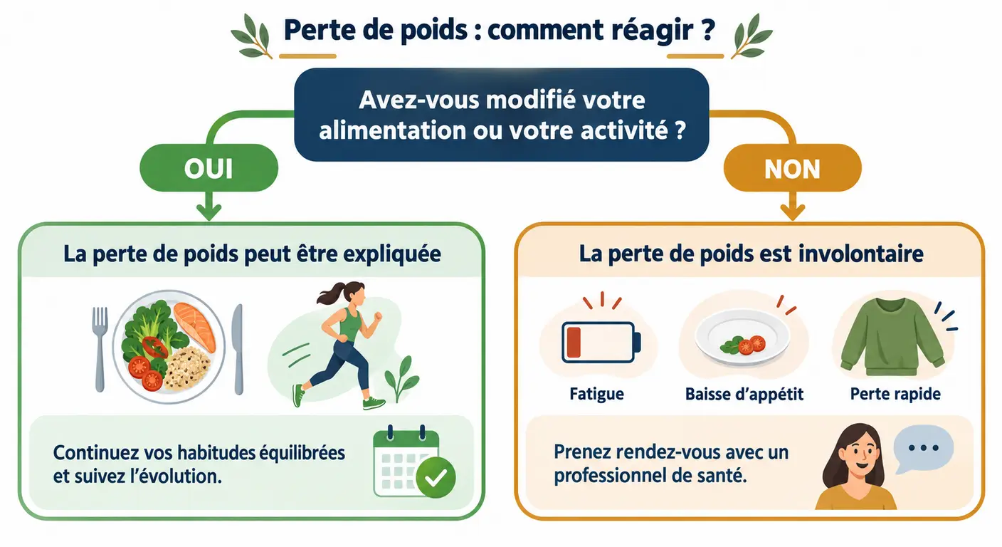 Arbre de décision distinguant une perte de poids volontaire d'une perte de poids involontaire nécessitant un avis médical