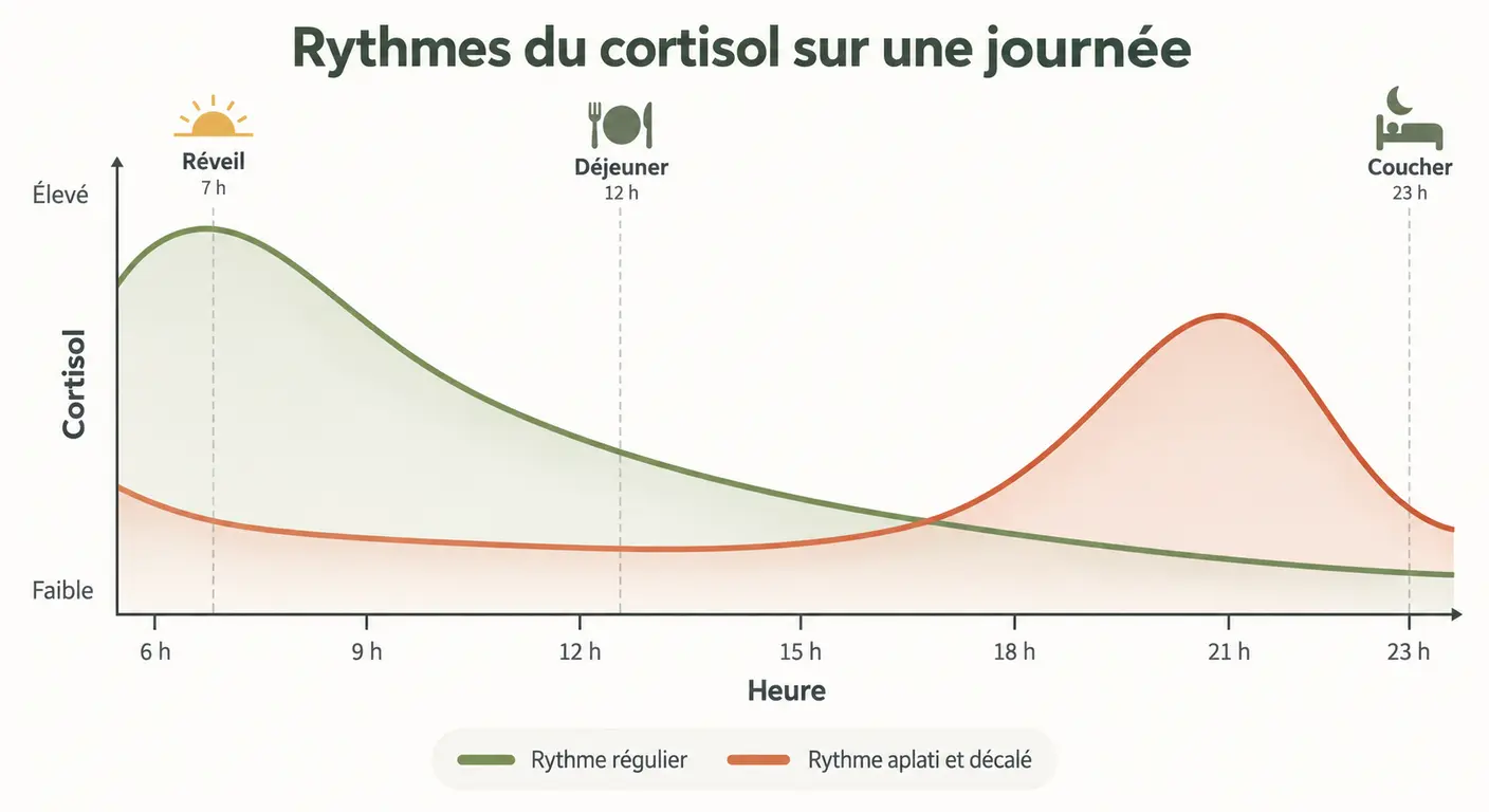Comparaison entre un rythme de cortisol régulier et un rythme déréglé
