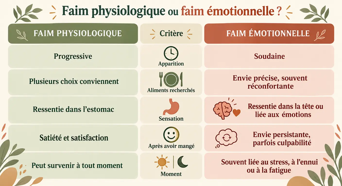 Comparatif entre faim physiologique et faim émotionnelle sur cinq critères