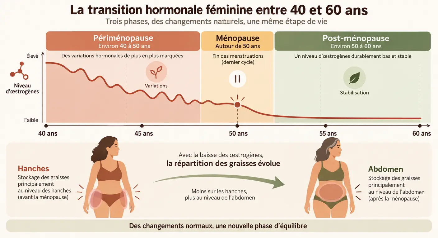 Frise des trois phases de la transition hormonale et évolution du taux d'œstrogènes