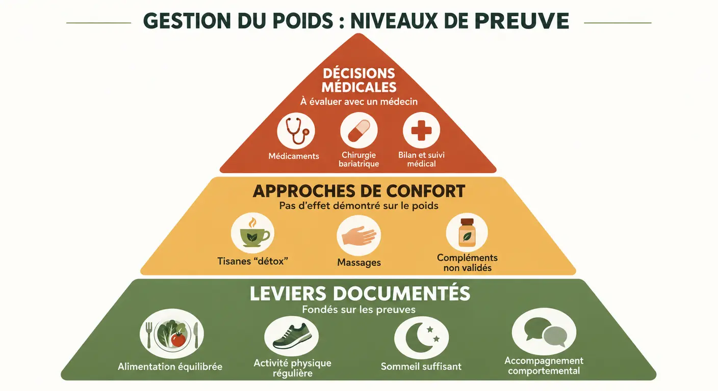 Pyramide des trois niveaux de preuve des compléments et remèdes pour la perte de poids