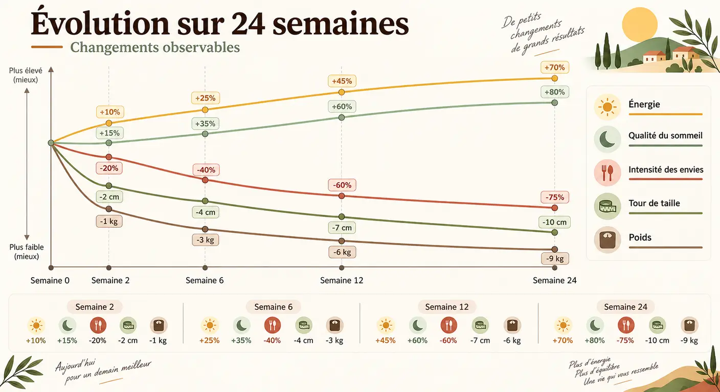 Frise des évolutions observables sur vingt-quatre semaines