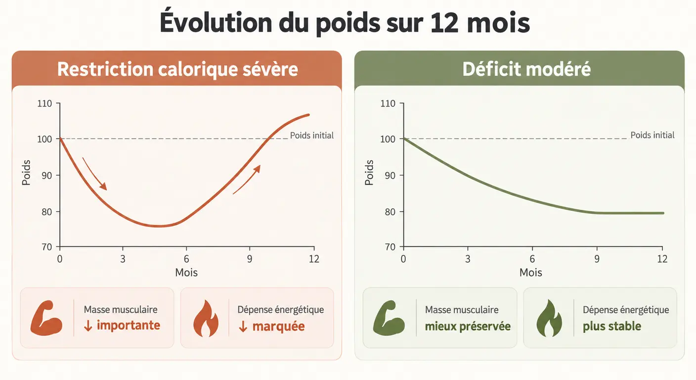 Comparaison des trajectoires de poids sur douze mois entre restriction forte et déficit modéré