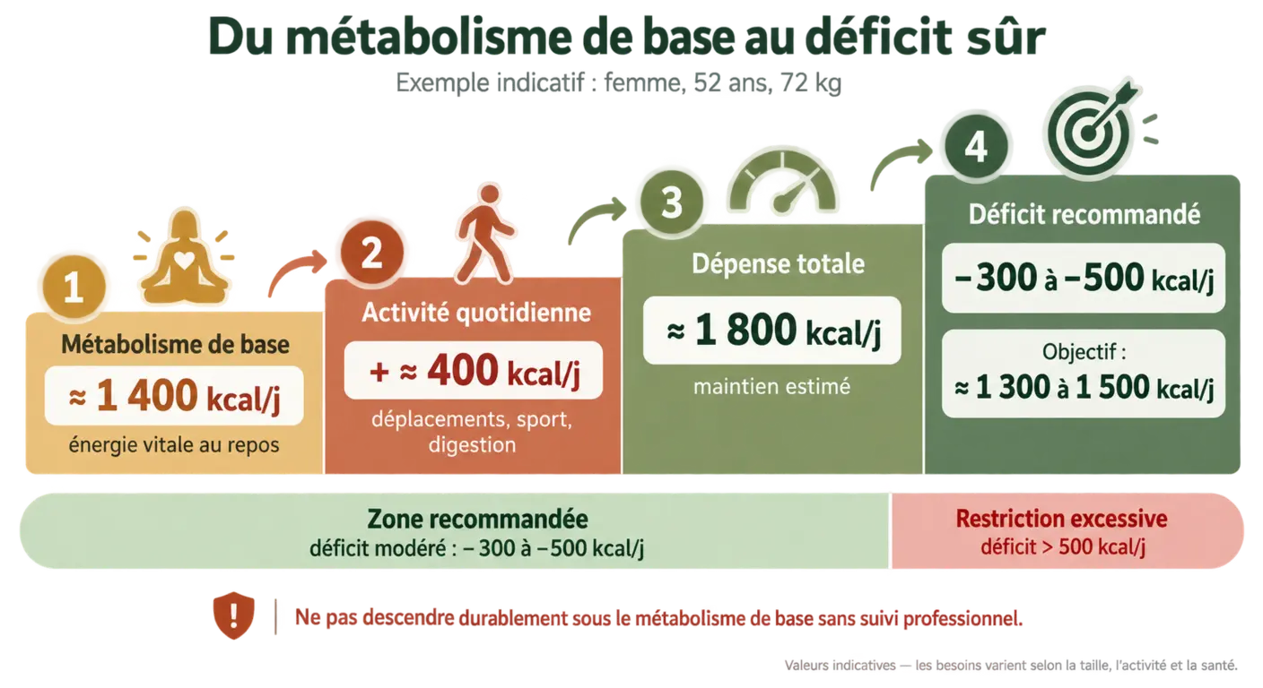 Schéma en escalier du métabolisme de base au déficit calorique sûr avec exemple chiffré