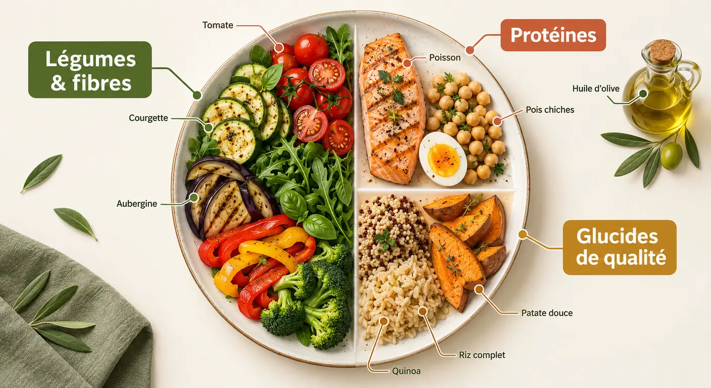 Assiette de référence en proportions avec légumes, protéines et glucides de qualité