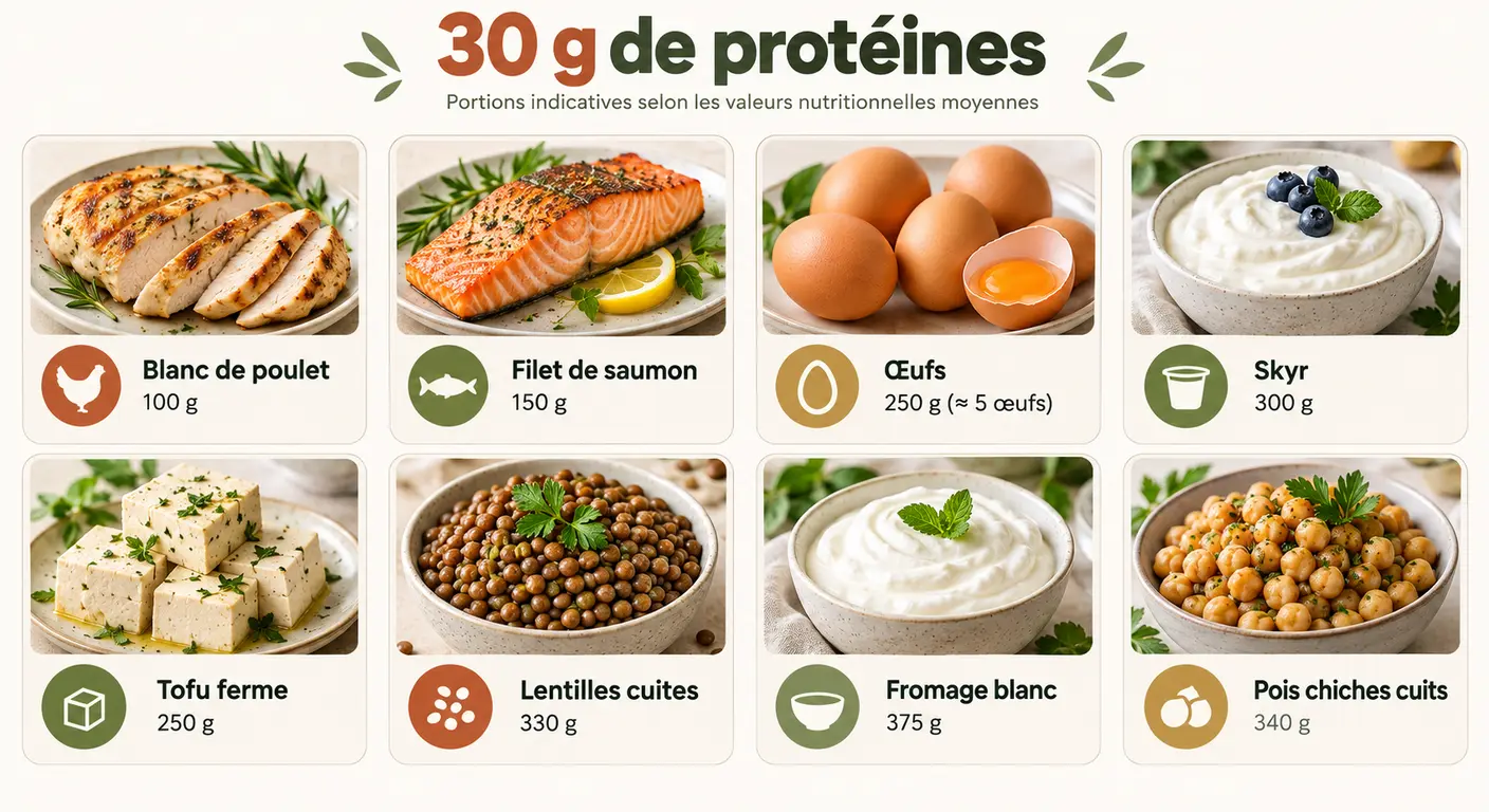 Huit portions d'aliments équivalant chacune à trente grammes de protéines