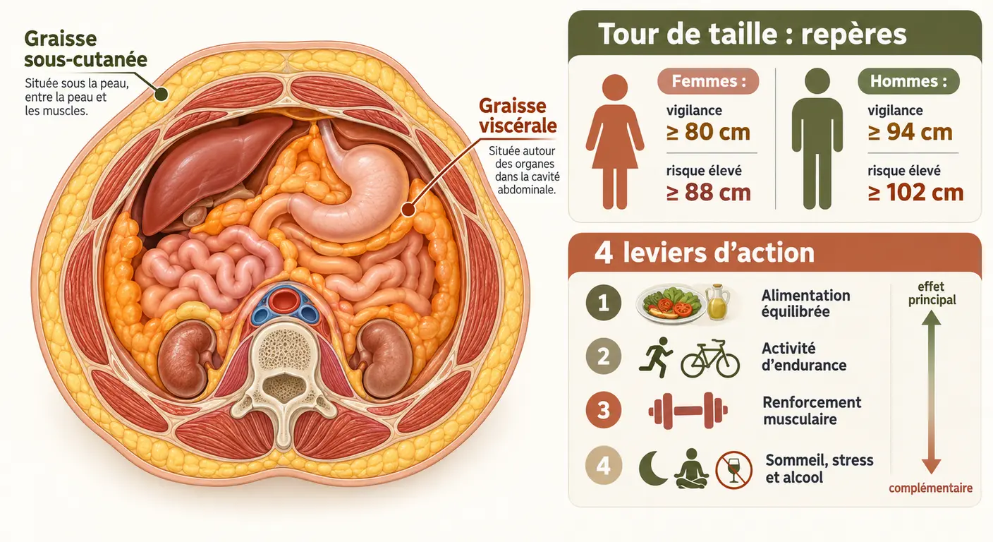 Coupe schématique de l'abdomen distinguant graisse sous-cutanée et graisse viscérale