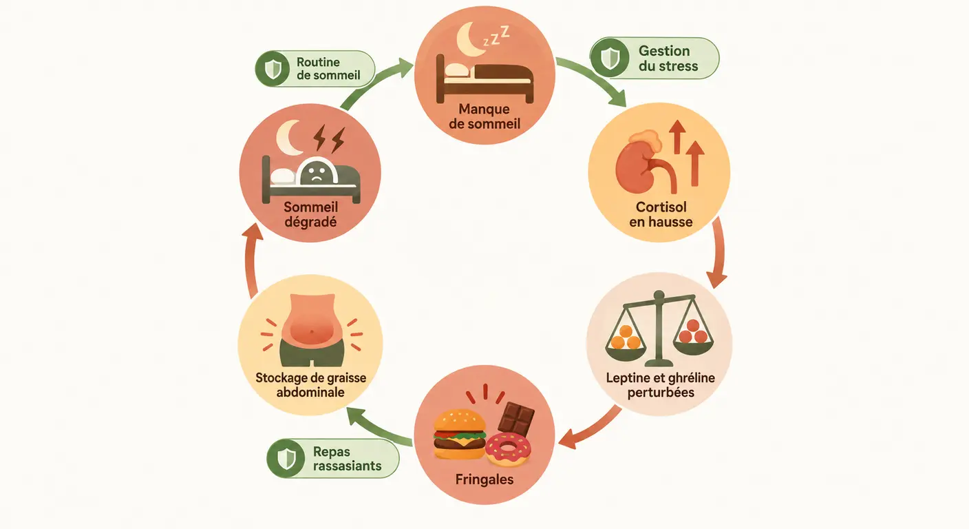 Boucle entre manque de sommeil, cortisol, appétit et stockage abdominal