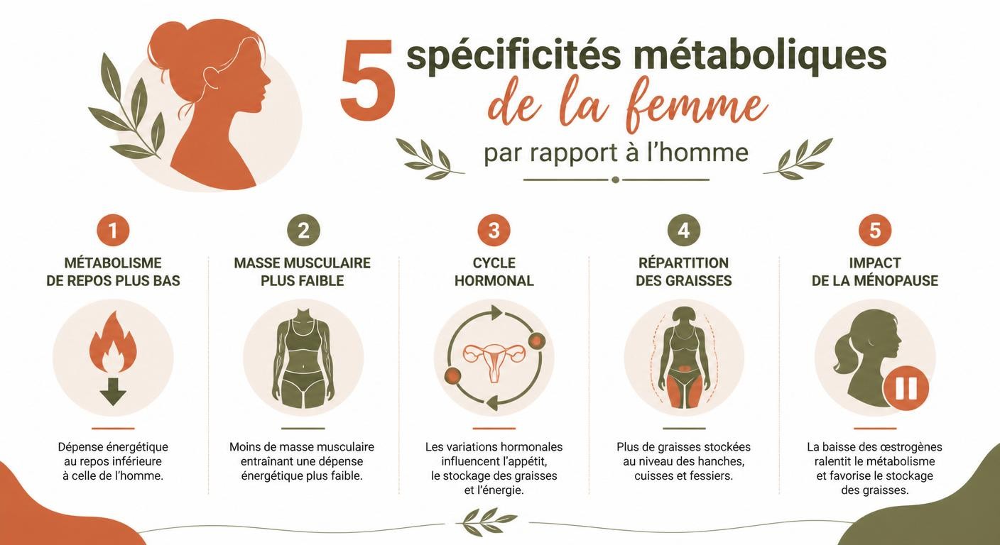 Infographie des 5 spécificités métaboliques de la perte de poids chez la femme