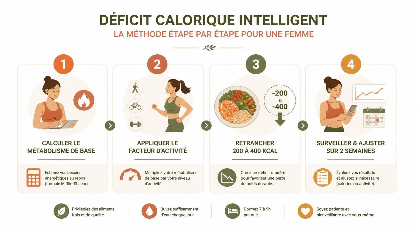 Infographie du calcul du déficit calorique pour une femme