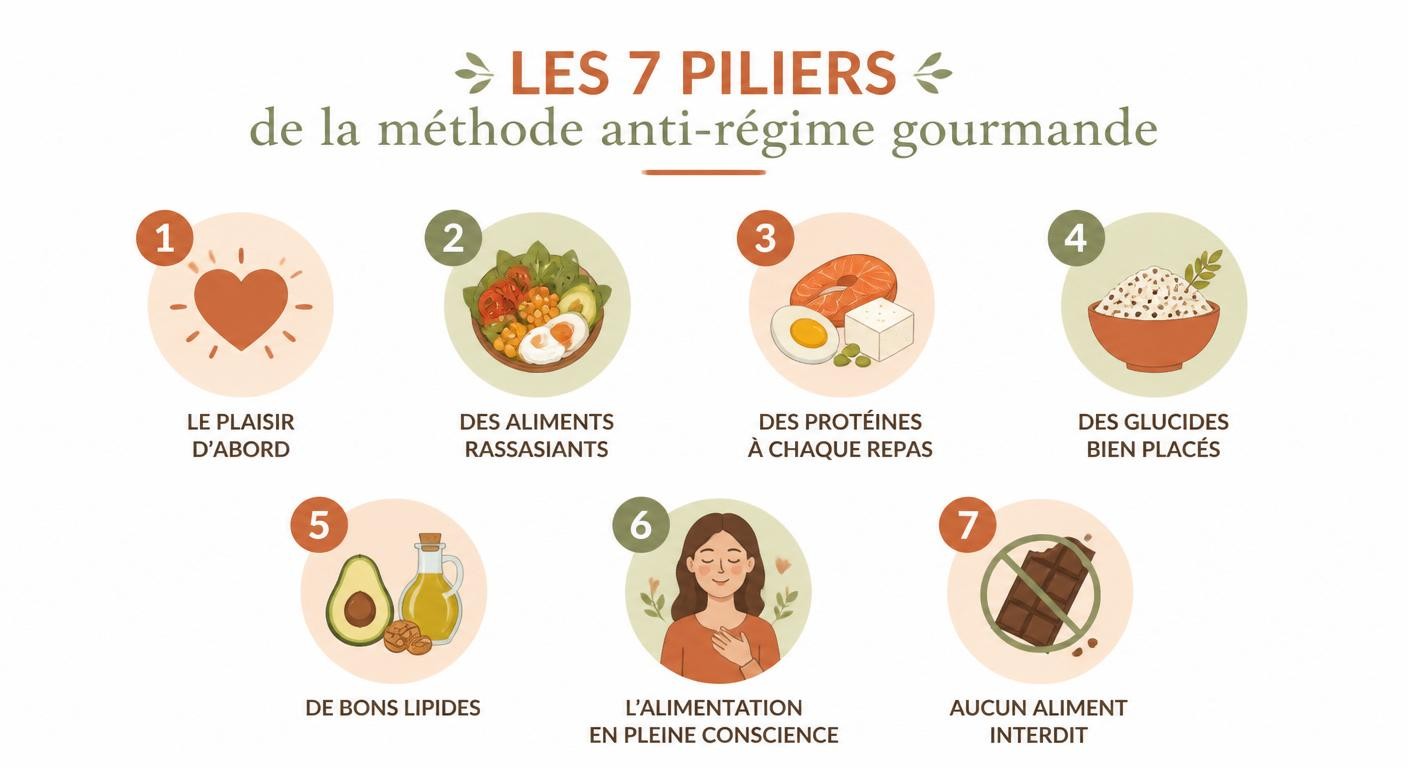 Infographie des 7 piliers de la méthode anti-régime gourmande